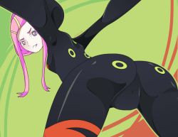 Rule 34 | 1girl, anemone (eureka seven), artist request, ass, bodysuit, breasts, cameltoe, eureka seven, eureka seven (series), from behind, leaning, leaning forward, looking at viewer, pink eyes, pink hair, shiny clothes, short hair with long locks, sideboob, small breasts, smile, solo