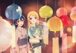 Rule 34 | 10s, 2girls, ayase eli, blonde hair, blue eyes, blue hair, blush, commentary request, festival, floral print, hair between eyes, hair down, highres, holding hands, interlocked fingers, japanese clothes, kimono, long hair, love live!, love live! school idol project, multiple girls, open mouth, signature, smile, sonoda umi, standing, suito, tanabata, yellow eyes, yukata, yuri