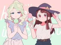 Rule 34 | 2girls, asymmetrical bangs, belt, black pants, blonde hair, blouse, blue eyes, blue shirt, blunt bangs, blush, breasts, brown hair, closed mouth, collarbone, diana cavendish, expressionless, food, frilled sleeves, frills, green hair, half-closed eyes, hand on headwear, hat, highres, holding, holding food, ice cream cone, kagari atsuko, little witch academia, long hair, medium breasts, multicolored hair, multiple girls, pants, pastel colors, qioco, red eyes, shirt, shirt tucked in, short sleeves, simple background, smile, standing, t-shirt, text background, two-tone hair, white shirt, witch, witch hat