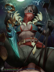 Rule 34 | 1boy, 1girl, belt, black gloves, black hair, black pants, bone, breasts, brown belt, bulge, dark-skinned female, dark skin, fingerless gloves, gloves, glowing, glowing eyes, green eyes, highres, holding, holding knife, knife, large breasts, league of legends, long hair, mask, moon, mouth mask, pants, pyke (league of legends), red mask, rope, ship, striped clothes, striped pants, themaestronoob, watercraft