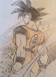 Rule 34 | 1boy, back turned, black hair, commentary, dougi, dragon ball, dragonball z, frown, highres, looking away, male focus, profile, serious, short hair, solo, son goku, spiked hair, standing, traditional media, wristband