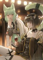Rule 34 | 2girls, absurdres, animal ears, arknights, bare shoulders, black choker, brown hair, cardigan, cat ears, cat tail, choker, coat, commentary request, cup, dress, drinking glass, green eyes, green hair, grey cardigan, harmonie (arknights), highres, holding, holding cup, indoors, infection monitor (arknights), long sleeves, mandragora (arknights), multiple girls, off-shoulder dress, off shoulder, sitting, tail, thighhighs, welt (kinsei koutenkyoku), white coat, white thighhighs, wide sleeves, wine glass, yellow eyes