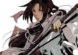 Rule 34 | 10s, 1boy, bishounen, black hair, forehead protector, fuun shinsengumi, hakuouki shinsengumi kitan, hijikata toshizou, hijikata toshizou (hakuouki), holding, holding sword, holding weapon, japanese clothes, long hair, long sleeves, looking at viewer, low ponytail, male focus, parted bangs, sheath, shinsengumi, simple background, solo, string, sword, uniform, unsheathing, upper body, weapon, white background, wide sleeves, yucco kxoxc