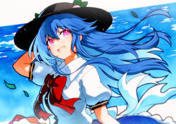 Rule 34 | 1girl, apron, black hat, blouse, blue bow, blue hair, bow, bowtie, buttons, dress shirt, food, frills, fruit, hat, highres, hinanawi tenshi, leaf, long hair, peach, pink eyes, puffy short sleeves, puffy sleeves, qqqrinkappp, rainbow order, red bow, shirt, short sleeves, solo, touhou, traditional media, white shirt, wing collar