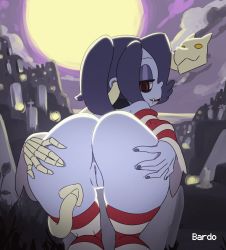 Rule 34 | 1girl, animated, animated gif, anus, artist name, ass, ass grab, bent over, blue skin, cleft of venus, colored skin, eyeshadow, from behind, full moon, graveyard, highres, leviathan (skullgirls), looking back, makeup, moon, night, night sky, open mouth, purple hair, pussy, red eyes, skullgirls, sky, spicy bardo, spread anus, spread pussy, squigly (skullgirls), stitched mouth, stitches, striped clothes, striped thighhighs, sunglasses, thighhighs, tombstone, uncensored, zombie