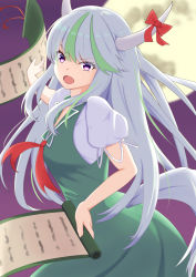 Rule 34 | 1girl, :o, absurdres, blurry, blurry background, bow, breasts, commentary request, dress, ex-keine, full moon, gradient background, green dress, highres, holding, holding scroll, horn ornament, horn ribbon, horns, kamishirasawa keine, long hair, looking at viewer, medium breasts, moon, multicolored hair, night, night sky, o1118, puffy short sleeves, puffy sleeves, purple background, purple eyes, red bow, red neckwear, red ribbon, ribbon, scroll, short sleeves, silver hair, sky, solo, streaked hair, tail, touhou, upper body, v-shaped eyebrows, very long hair