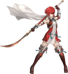 Rule 34 | 1girl, 3d, armor, boots, dress, fire emblem, fire emblem fates, fire emblem warriors, full body, garter straps, gloves, highres, hinoka (fire emblem), holding, holding weapon, naginata, nintendo, official art, pauldrons, polearm, red eyes, red hair, scarf, serious, short dress, short hair, shoulder armor, solo, standing, thigh boots, thighhighs, thighs, transparent background, weapon, zettai ryouiki
