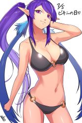 Rule 34 | 1girl, bikini, black bikini, breasts, cleavage, closed mouth, collarbone, contrapposto, cowboy shot, floating hair, head tilt, highres, judith (tales), long hair, looking at viewer, navel, o-ring, o-ring bikini, official alternate costume, pink eyes, pointy ears, purple hair, shiny skin, side ponytail, signature, smile, solo, standing, swept bangs, swimsuit, tales of (series), tales of vesperia, ubo (ubo tales), very long hair, white background