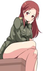 Rule 34 | 1girl, breast pocket, buta-don, buttons, hand on own cheek, hand on own face, highres, legs, crossed legs, long hair, looking at viewer, minna-dietlinde wilcke, no pants, panties, pocket, red eyes, red hair, red panties, simple background, sitting, solo, strike witches, thighs, underwear, uniform, white background, world witches series