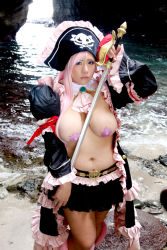 Rule 34 | 1girl, breasts, captain liliana, captain liliana (cosplay), chouzuki maryou, cosplay, hat, highres, large breasts, photo (medium), pink hair, pirate, pirate hat, plump, purple eyes, queen&#039;s blade, queen&#039;s blade rebellion, sword, weapon