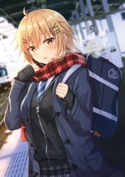 Rule 34 | 1girl, bag, black jacket, blonde hair, blue coat, blue necktie, blurry, blurry background, blush, breasts, breath, coat, commentary request, day, depth of field, diagonal-striped clothes, diagonal-striped necktie, diagonal-striped neckwear, grey skirt, hair between eyes, hair ornament, hairclip, hands up, highres, jacket, komori kuzuyu, long sleeves, looking at viewer, nao (kuzuyu), necktie, open clothes, open coat, original, outdoors, parted lips, plaid, plaid scarf, plaid skirt, pleated skirt, red eyes, red scarf, scarf, school bag, shirt, skirt, sleeves past wrists, small breasts, solo, standing, striped clothes, striped necktie, striped neckwear, train station, train station platform, white shirt, x hair ornament
