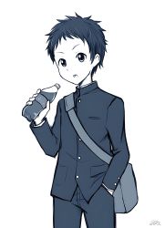 Rule 34 | 1boy, absurdres, bottle, hand in pocket, highres, holding, holding bottle, k-on!, long sleeves, looking at viewer, male focus, open mouth, school uniform, simple background, soda, soda bottle, solo, tainaka satoshi, white background