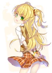 Rule 34 | 10s, 1girl, arms behind back, blonde hair, blush, green eyes, hong (white spider), idolmaster, idolmaster cinderella girls, jougasaki rika, long hair, looking at viewer, looking back, open mouth, plaid, plaid skirt, school uniform, simple background, skirt, smile, solo, twintails, two side up