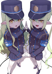 Rule 34 | 2girls, black footwear, black hat, black jacket, black shorts, black skirt, blue archive, boots, buttons, double-breasted, gloves, green hair, hair between eyes, hat, hikari (blue archive), nozomi (blue archive), highres, jacket, long hair, long sleeves, looking at viewer, manzai sugar, multiple girls, open mouth, pantyhose, peaked cap, pleated skirt, pointy ears, shorts, sidelocks, simple background, skirt, smile, twintails, white background, white gloves, white pantyhose, yellow eyes