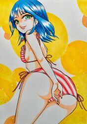 Rule 34 | absurdres, ass, bikini, blue hair, breasts, green eyes, highres, madoka (onmyou taisenki), onmyou taisenki, short hair, small breasts, swimsuit