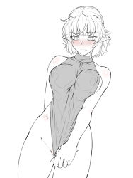Rule 34 | 1girl, blush, bottomless, breasts, closed mouth, clothes pull, commentary request, cowboy shot, embarrassed, highres, large breasts, mizuhashi parsee, nose blush, ootsuki wataru, pointy ears, shirt, shirt pull, short hair, sideboob, simple background, sleeveless, sleeveless shirt, solo, spot color, touhou