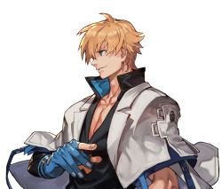 Rule 34 | 1boy, blonde hair, blue eyes, blue gloves, capelet, collarbone, fingernails, gloves, guilty gear, guilty gear strive, highres, hungry clicker, ky kiske, male focus, partially fingerless gloves, pectorals, portrait, short hair, solo, white background, white capelet
