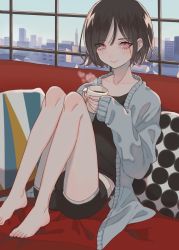 Rule 34 | 1boy, 2hands1cup, barefoot, black hair, blue jacket, blush, city, coffee, coffee mug, collarbone, couch, cup, cushion, day, highres, holding, holding cup, indoors, jacket, kirudai, knees, knees up, legs, lips, looking at viewer, male focus, mug, on couch, open clothes, open jacket, original, pillow, red eyes, shorts, skyline, sleeves past wrists, smile, solo, steam, trap, tsurime, window