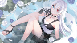 Rule 34 | 1girl, bare shoulders, black footwear, black gloves, black skirt, blue eyes, blue flower, blue rose, breasts, chain, cleavage, closed mouth, copyright request, elbow gloves, feet out of frame, flower, gloves, hair between eyes, hand up, heterochromia, kuroi (liar-player), long hair, looking at viewer, medium breasts, petals, red eyes, reflection, rose, sandals, see-through, shirt, skirt, smile, solo, twitter username, very long hair, water, white flower, white hair, white rose, white shirt