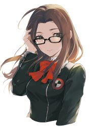 Rule 34 | 1girl, ahoge, black-framed eyewear, black jacket, bow, bowtie, brown hair, closed mouth, collared shirt, commentary request, cropped torso, floating hair, fushimi chihiro, gekkoukan high school uniform, glasses, isa (peien516), jacket, long hair, long sleeves, looking at viewer, persona, persona 3, red bow, red bowtie, school uniform, shirt, simple background, solo, uniform, white background, white shirt