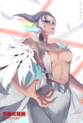 Rule 34 | 10s, 1girl, breasts, choker, cian yo, covered erect nipples, feather trim, highres, kill la kill, kiryuuin ragyou, lips, looking at viewer, mature female, navel, red eyes, smirk, solo