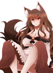 Rule 34 | 1girl, animal ears, arano oki, bare shoulders, breast hold, breasts, brooch, brown hair, cleavage, dress, highres, imaizumi kagerou, jewelry, large breasts, long hair, long sleeves, looking at viewer, open mouth, red eyes, simple background, sitting, smile, solo, tail, touhou, white background, wolf ears, wolf tail