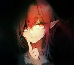 Rule 34 | 1girl, dark background, darkness, eyes visible through hair, finger to cheek, head wings, highres, koakuma, looking to the side, nail polish, pointy ears, portrait, red eyes, red hair, red nails, risui (suzu rks), simple background, smile, solo, touhou, wings