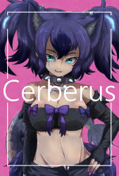 Rule 34 | 1girl, absurdres, bare shoulders, black gloves, blue eyes, bow, breasts, cerberus (kemono friends), cleavage, collar, collarbone, elbow gloves, fang, fingerless gloves, gloves, highres, kemono friends, kotobukkii (yt lvlv), large breasts, nail polish, navel, parted lips, pink background, pink nails, purple bow, purple hair, scar, scar across eye, short twintails, simple background, smile, solo, tail, twintails