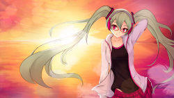 Rule 34 | 1girl, absurdres, black shirt, collarbone, glasses, green hair, guanghe zuoyong de de yezi, hair ornament, hatsune miku, highres, long hair, looking at viewer, outdoors, pleated skirt, red eyes, red skirt, shirt, skirt, smile, solo, sunset, sweater, twintails, vocaloid, white sweater