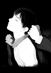 Rule 34 | 1boy, absurdres, black background, black hair, blending, bruise, greyscale, highres, injury, long sleeves, male focus, monochrome, original, parted lips, profile, re:i, short hair, simple background, upper body