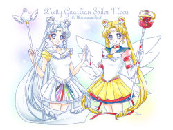 Rule 34 | 2girls, :d, artist name, bishoujo senshi sailor moon, bishoujo senshi sailor moon sailor stars, blonde hair, blue sailor collar, brooch, choker, closed mouth, copyright name, cowboy shot, crescent, crescent facial mark, double bun, drill hair, earrings, elbow gloves, eternal sailor moon, eternal tiare, facial mark, female focus, forehead mark, gloves, grey eyes, hair bun, hair ornament, hairpin, heart, heart brooch, heart hair bun, heart necklace, jewelry, layered skirt, long hair, looking at viewer, magical girl, multicolored clothes, multicolored skirt, multiple girls, neck, necklace, open mouth, pleated skirt, red choker, resolution mismatch, ring, sailor collar, sailor cosmos, sailor moon, sailor senshi, sarashina kau, side-by-side, skirt, smile, source smaller, staff, standing, star (symbol), star facial mark, star necklace, symmetry, tsukino usagi, twin drills, twintails, white background, white choker, white gloves, white hair, white sailor collar, white skirt, white wings, wing brooch, wings, yellow skirt