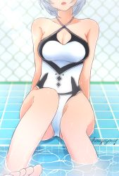 Rule 34 | .live, 1girl, artist name, bare shoulders, blurry, blurry background, breasts, chain-link fence, cleavage, commentary request, criss-cross halter, depth of field, fence, grey hair, halterneck, head out of frame, highres, hoshizora no shita, medium breasts, one-piece swimsuit, open mouth, pool, poolside, short hair, signature, dennou shoujo siro, sitting, skindentation, solo, swimsuit, tile floor, tiles, toes, virtual youtuber, water, wet