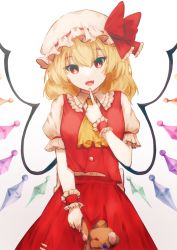 Rule 34 | 1girl, absurdres, ascot, blonde hair, bow, breasts, bright pupils, buttons, commentary request, cowboy shot, crystal, dress shirt, fangs, finger to face, finger to mouth, finger to own chin, flandre scarlet, frilled bow, frilled cuffs, frilled shirt collar, frilled sleeves, frills, hand up, hat, hat bow, hat ribbon, head tilt, highres, holding, holding stuffed toy, index finger raised, looking at viewer, medium hair, mob cap, open mouth, puffy short sleeves, puffy sleeves, red bow, red eyes, red ribbon, red skirt, red vest, ribbon, shirt, short hair, short sleeves, sidelocks, simple background, skirt, small breasts, smile, solo, somei ooo, stuffed animal, stuffed toy, stuffing, teddy bear, touhou, tsurime, vest, white background, white pupils, white shirt, wings, wrist cuffs, yellow ascot