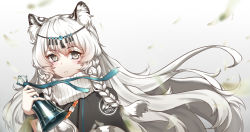 Rule 34 | 1girl, animal ear fluff, animal ears, arknights, bell, black capelet, blurry, blurry background, blush, braid, capelet, closed mouth, commentary request, depth of field, floating hair, grey eyes, hair between eyes, hair ornament, hand up, highres, holding, holding bell, light frown, long hair, looking at viewer, pramanix (arknights), side braids, solo, turtleneck, twin braids, upper body, very long hair, white hair, yiyu qing mang