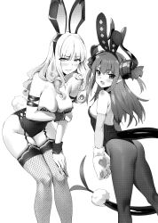 Rule 34 | 2girls, absurdres, animal ears, bare shoulders, breasts, carmilla (fate), cleavage, elizabeth bathory (fate), elizabeth bathory (fate/extra ccc), fake animal ears, fate/grand order, fate (series), fingernails, fishnet legwear, fishnets, garter straps, greyscale, highres, large breasts, leotard, long fingernails, long hair, monochrome, multiple girls, open mouth, pantyhose, playboy bunny, pointy ears, rabbit ears, rabbit paws, rabbit tail, scan, simple background, small breasts, strapless, strapless leotard, tail, white background, yd (orange maru)