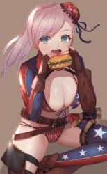 Rule 34 | 1girl, american flag bikini, asymmetrical gloves, asymmetrical hair, asymmetrical legwear, belt, bikini, blue eyes, boots, breasts, brown belt, brown gloves, bun cover, burger, dolce (dolsuke), elbow gloves, fate/grand order, fate (series), fingerless gloves, flag print, food, front-tie bikini top, front-tie top, gloves, hair bun, highres, holding, holding food, indian style, large breasts, md5 mismatch, miyamoto musashi (fate), miyamoto musashi (fate/grand order), miyamoto musashi (swimsuit berserker) (fate), miyamoto musashi (swimsuit berserker) (second ascension) (fate), multi-strapped bikini, pink hair, resolution mismatch, shrug (clothing), single elbow glove, single hair bun, single sidelock, single thigh boot, sitting, solo, source larger, star (symbol), star print, swept bangs, swimsuit, thigh boots, thighhighs, uneven gloves, uneven legwear