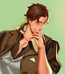 Rule 34 | 1boy, belmond banderas, black shirt, brown eyes, brown hair, brown vest, collarbone, collared shirt, commentary request, facial hair, forehead, green background, grey vest, hand up, henrryxv, highres, long hair, low ponytail, male focus, nijisanji, one eye closed, parted bangs, ponytail, shirt, short sleeves, solo, stubble, thick eyebrows, upper body, vest, virtual youtuber