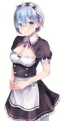 Rule 34 | 1girl, absurdres, alternate costume, apron, blue eyes, blue hair, breasts, buttons, cleavage, commission, cowboy shot, double-breasted, dress, frilled dress, frills, hair between eyes, hair ornament, hair over one eye, hair ribbon, highres, large breasts, looking at viewer, maid, maid headdress, neck ribbon, pink ribbon, pixiv commission, puffy short sleeves, puffy sleeves, re:zero kara hajimeru isekai seikatsu, rem (re:zero), ribbon, short hair, short sleeves, simple background, smile, solo, waist apron, white apron, white background, x hair ornament, yuunamida uyu