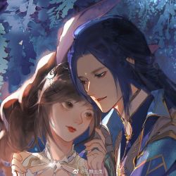 Rule 34 | 1boy, 1girl, blue hair, blue jacket, braid, braided ponytail, brown hair, collar, couple, douluo dalu, dress, facial mark, forehead mark, index finger raised, jacket, long hair, looking down, metal collar, pink dress, second-party source, smile, tang san, upper body, xiao wu (douluo dalu), xie yu (n)