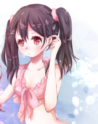 Rule 34 | 1girl, artist name, artist request, bare shoulders, bikini, black hair, blue sky, blush, bow, breasts, close-up, cloud, collarbone, day, female focus, flower print, hair between eyes, hair bow, hair ornament, hair scrunchie, long hair, looking at viewer, love live!, love live! school idol project, outdoors, parted lips, pink bikini, pink scrunchie, red eyes, scrunchie, short hair, short twintails, sky, smile, solo, swimsuit, twintails, upper body, yazawa nico