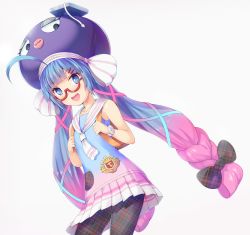 Rule 34 | 1girl, :d, ahoge, backpack, bag, bare shoulders, blouse, blue eyes, blue hair, blue ribbon, blue shirt, bow, braid, collarbone, commentary request, fang, gradient hair, gradient ribbon, grey background, grey bow, grey pantyhose, hair bow, hair ornament, hair ribbon, hairclip, hands up, hat, highres, long hair, low-braided long hair, low-tied long hair, low twintails, multicolored clothes, multicolored hair, multicolored skirt, nakazawa aki, open mouth, otomachi una, otomachi una (talkex), pantyhose, pink hair, pink ribbon, pink skirt, plaid, plaid bow, plaid legwear, pleated skirt, purple hat, randoseru, red-framed eyewear, ribbon, sailor collar, semi-rimless eyewear, shirt, simple background, skirt, sleeveless, sleeveless shirt, smile, solo, twintails, under-rim eyewear, very long hair, vocaloid, voiceroid, white neckwear, white sailor collar, white skirt