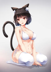 Rule 34 | 1girl, :d, animal ear fluff, animal ears, azur lane, bare arms, bare shoulders, between legs, bikini, black hair, blunt bangs, blush, bob cut, breasts, cat ears, cat tail, chahei, cleavage, collarbone, fang, full body, gradient background, grey background, hand between legs, highres, large breasts, looking at viewer, md5 mismatch, navel, no shoes, open mouth, red eyes, resolution mismatch, ribbon, short hair, side-tie bikini bottom, sitting, skindentation, smile, solo, source larger, stomach, swimsuit, tail, thighhighs, white bikini, white ribbon, white thighhighs, yamashiro (azur lane)