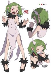 Rule 34 | 1girl, absurdres, black footwear, closed eyes, copyright request, cropped torso, demon girl, demon horns, detached collar, dress, flat chest, full body, green hair, hand tattoo, high heels, highres, horns, ladle, mamama (mamayuyu), mamayuyu, open mouth, petite, plate, pointy ears, pumps, red eyes, sharp teeth, short hair, simple background, sleeveless, sleeveless dress, slit pupils, solo, speech bubble, tasting, tasting plate, tattoo, teeth, white background, white dress, wrist cuffs, zizi niisan