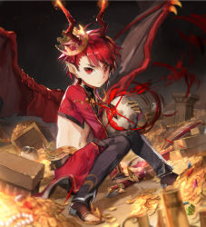 Rule 34 | &gt;:(, 1boy, bat wings, coin, cropped jacket, crown, elsword, elsword (character), frown, full body, gem, gold, horns, knees together feet apart, looking at viewer, male focus, midriff, navel, pointy ears, red eyes, red hair, scorpion5050, shield, shoes, short hair, sitting, slit pupils, solo, sword, toeless footwear, treasure, treasure chest, v-shaped eyebrows, weapon, wings, yellow eyes