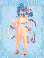 Rule 34 | 1girl, armlet, art nouveau, blue background, blue eyes, blue hair, blue theme, bracelet, breasts, choker, curvy, dairoku ryouhei, dragon girl, dragon horns, dragon tail, dragon wings, electricity, flower, full body, hair flower, hair ornament, highres, holding, holding swim ring, horns, huge breasts, innertube, jewelry, long hair, looking at viewer, navel, official art, open mouth, photoshop (medium), ryoji (nomura ryouji), sandals, seashell, shell, solo, standing, starfish, swim ring, swimsuit, tail, tail flower, tail ornament, thighlet, wet, wings