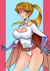 Rule 34 | 1girl, alien, alternate hairstyle, blonde hair, breasts, cleavage, dc comics, highres, kryptonian, large breasts, pixiv sample, ponytail, power girl, resized, solo, zxc