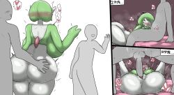 Rule 34 | 1girl, 2boys, absurdres, ass, ass grab, bed, blush, breasts, colored skin, creatures (company), deepthroat, enigi09, fellatio, game freak, gardevoir, gen 3 pokemon, grabbing, grabbing another&#039;s ass, grey skin, heart, highres, huge ass, huge breasts, japanese text, looking at viewer, looking back, lying, lzarge penis, mating press, monster girl, multiple boys, nintendo, on bed, open mouth, oral, penis, pokemon, pussy, pussy juice, sex, sitting, smile, speech bubble, vaginal, white background