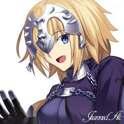Rule 34 | :d, ashiwara yuu, blonde hair, blue eyes, breasts, chain, character name, dress, fate/grand order, fate (series), gauntlets, hand up, headpiece, jeanne d&#039;arc (fate), jeanne d&#039;arc (ruler) (fate), long hair, looking at viewer, medium breasts, one eye covered, open mouth, purple dress, simple background, smile, solo, upper body, white background