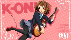 Rule 34 | 1girl, blue skirt, blush, bolo tie, brown eyes, brown hair, character name, copyright name, guitar, hair ornament, hairclip, hirasawa yui, instrument, k-on!, kou (aimai), loafers, looking at viewer, music, open mouth, pantyhose, pink background, playing instrument, pleated skirt, polka dot, polka dot background, school uniform, shoes, silhouette, skirt, smile, solo, text focus, wallpaper