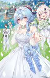 Rule 34 | 2boys, 2girls, absurdres, blue hair, blue ribbon, blush, breasts, bridal veil, bride, cheering, dress, flower, ganyu (genshin impact), genshin impact, hair ornament, hand on own cheek, hand on own face, happy, highres, jewelry, large breasts, looking at viewer, multiple boys, multiple girls, ornate ring, outstretched hand, paimon (genshin impact), ribbon, ring, sidelocks, strapless, strapless dress, tacco (tikeworld), tartaglia (genshin impact), veil, wedding, wedding dress, wedding ring, white dress, zhongli (genshin impact)